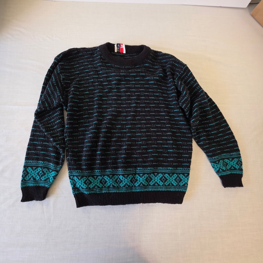 Vintage Crewneck Sweater‎ Fair Isle Geometric Teal Black OS Retro 80s 90s